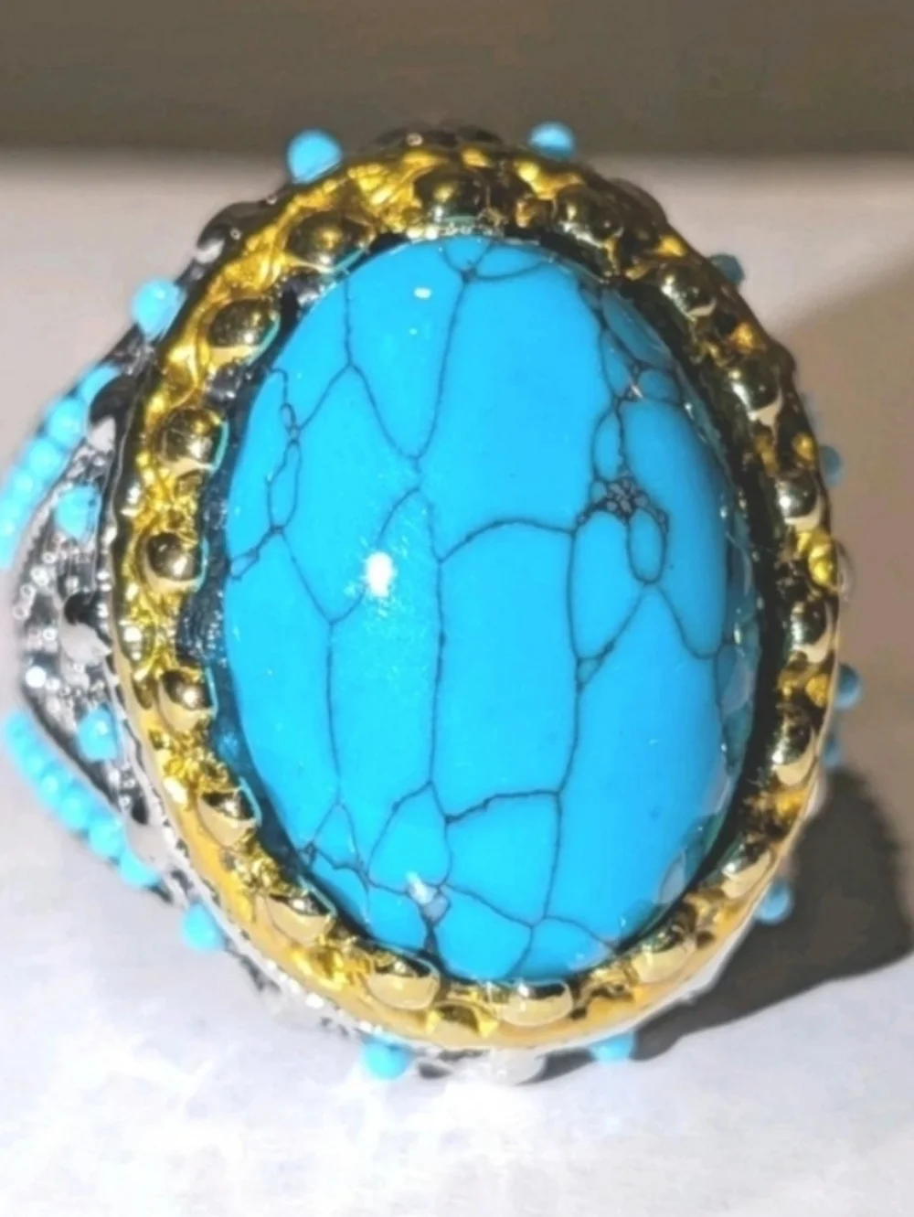 Retro Punk Style Ring Simulated Turquoise Two Tone Polished Statement Band Ring